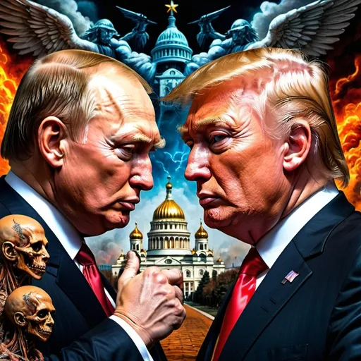 Prompt: Donald Trump and Putin looking similar with Christian apocalypse (inspired by Robert Williams's art style)