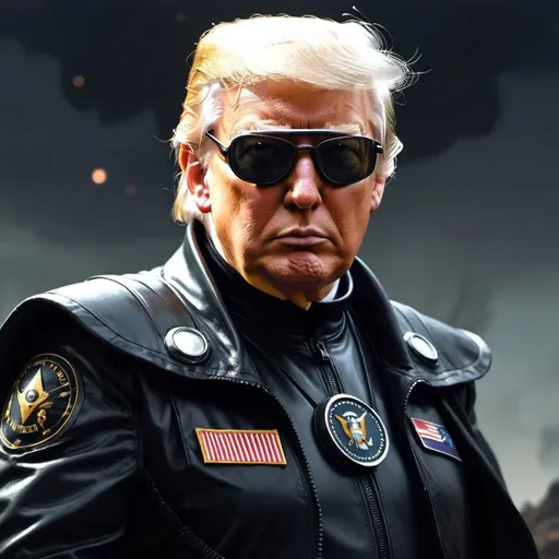 Prompt: Trump dressed as a sci-fi warrior in the style of Les Edwards