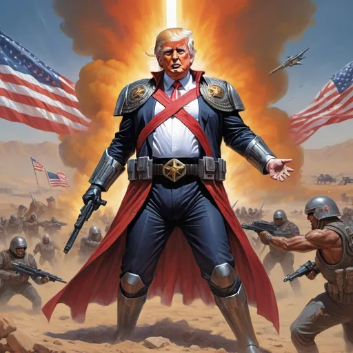 Prompt: Trump (dressed as a sci-fi warrior), intense battle stance, fighting a holy Christian war, fighting arabs, christian cross imagery, American flag, vivid colors, (highly detailed) features, (Les Edwards art style), (action-packed) atmosphere, imaginative visuals.