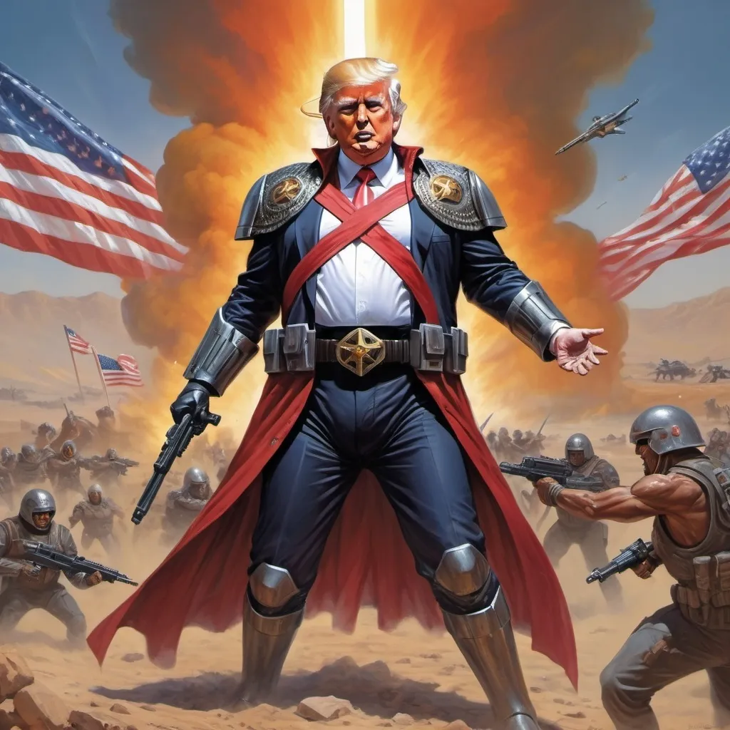 Prompt: Trump (dressed as a sci-fi warrior), intense battle stance, fighting a holy Christian war, fighting arabs, christian cross imagery, American flag, vivid colors, (highly detailed) features, (Les Edwards art style), (action-packed) atmosphere, imaginative visuals.