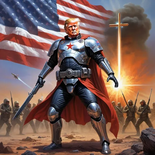 Prompt: Trump (dressed as a sci-fi warrior), intense battle stance, fighting a holy Christian war, killing Muslims, christian cross imagery, American flag,  dynamic composition, vivid colors, (highly detailed) features, (Les Edwards art style), (action-packed) atmosphere, surreal imagery, captivating backgrounds, vibrant sci-fi hues, ultra-detailed finish, imaginative visuals.