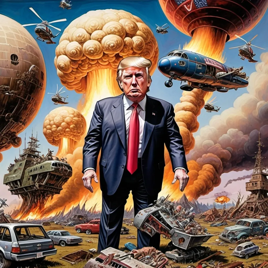 Prompt: Donald Trump causing end of civilization  (inspired by Robert Williams's art style)
