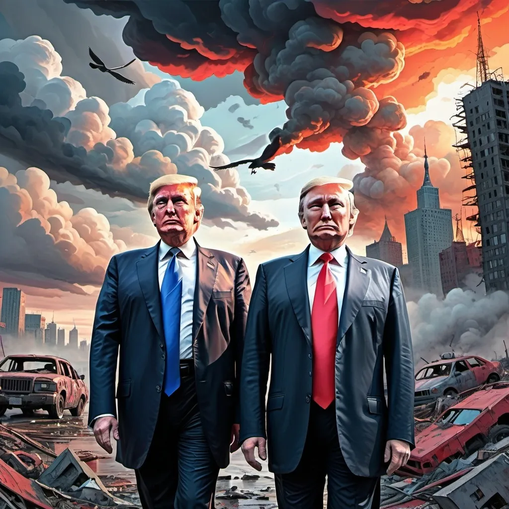 Prompt: Donald Trump and Putin looking similar with apocalypse  (inspired by Robert Williams's art style)
