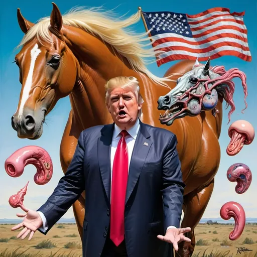 Prompt: Donald Trump with horse penises
 (inspired by Robert Williams's art style)
