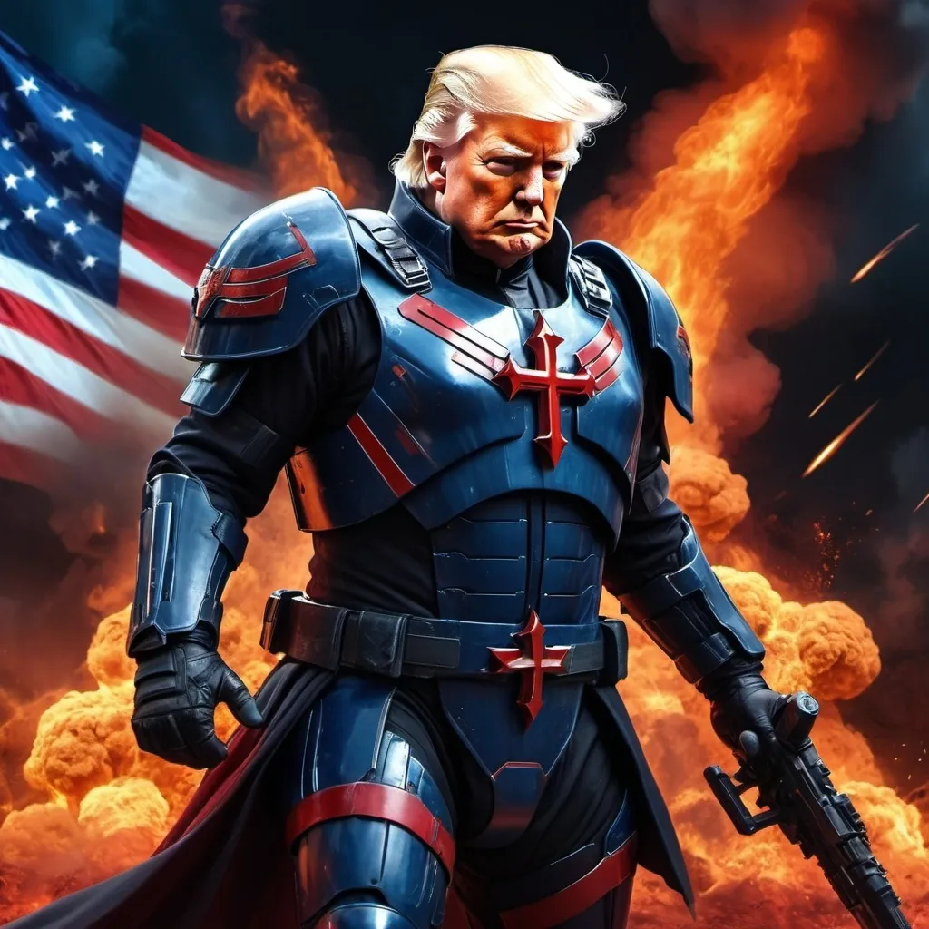 Prompt: Trump (dressed as a sci-fi warrior), intense battle stance, fighting arabs, christian cross imagery, American flag.