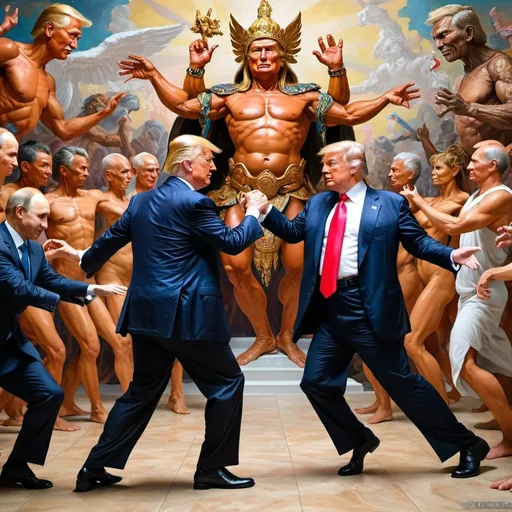 Prompt: Trump and Putin dance with choas gods (inspired by Robert Williams's art style). Dynamic.