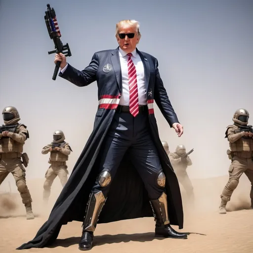 Prompt: Trump (dressed as a sci-fi warrior), intense battle stance, fighting arabs, christian cross imagery, American flag.