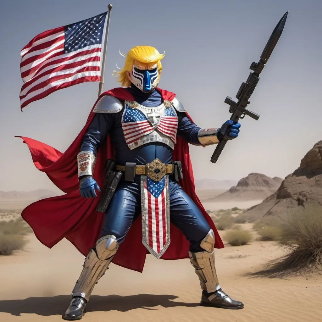 Prompt: Trump (dressed as a sci-fi warrior), intense battle stance, fighting arabs, christian cross imagery, American flag, in the style of Mexican artist Mazatl.