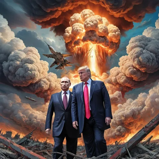 Prompt: Donald Trump and Putin cause  
apocalypse (inspired by Robert Williams's art style). Dynamic.
