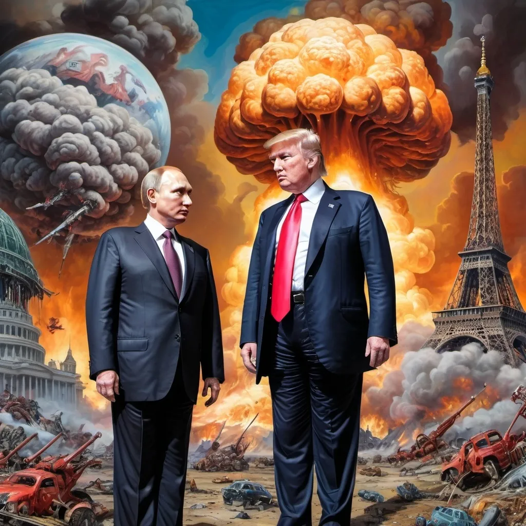 Prompt: Donald Trump and Putin cause apocalypse (inspired by Robert Williams's art style)