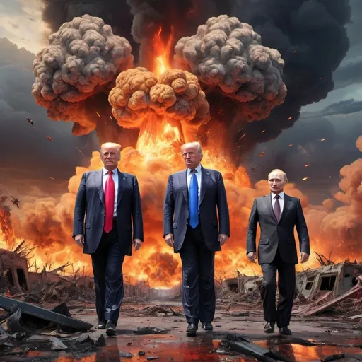 Prompt: Donald Trump and Putin cause apocalypse (inspired by Robert Williams's art style)