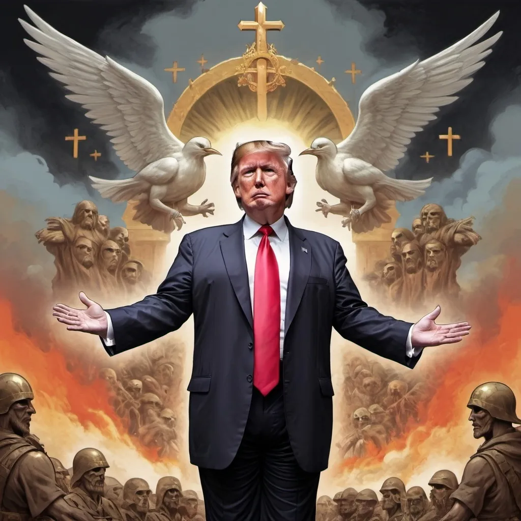 Prompt: trump holy war in the style of Esteban Maroto