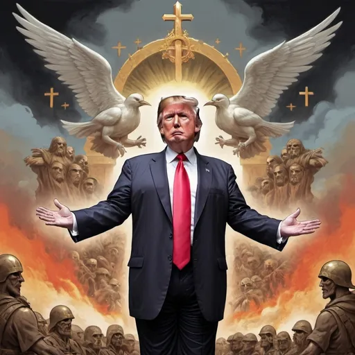 Prompt: trump holy war in the style of Esteban Maroto