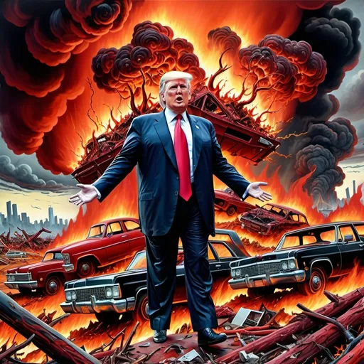 Prompt: Donald Trump causing the apocalypse  (inspired by Robert Williams's art style)
