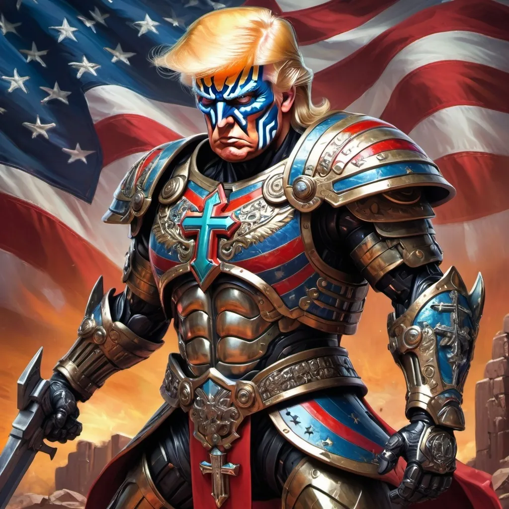 Prompt: Trump (dressed as a sci-fi warrior), intense battle stance, fighting arabs, christian cross imagery, American flag, in the style of Mexican artist Mazatl.