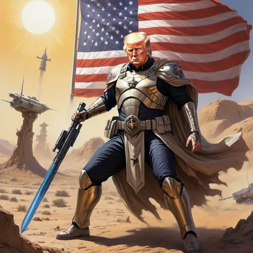 Prompt: Trump (dressed as a sci-fi warrior), intense battle stance, fighting arabs, christian cross imagery, American flag, vivid colors, (highly detailed) features, (Les Edwards art style), (action-packed) atmosphere, imaginative visuals.