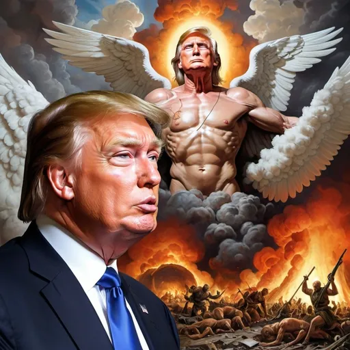 Prompt: Donald Trump and Putin looking similar with Christian apocalypse (inspired by Robert Williams's art style)