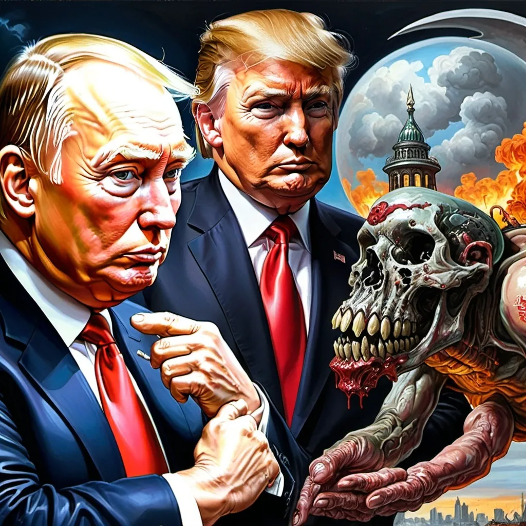 Prompt: Donald Trump and Putin 
 apocalypse  (inspired by Robert Williams's art style)
