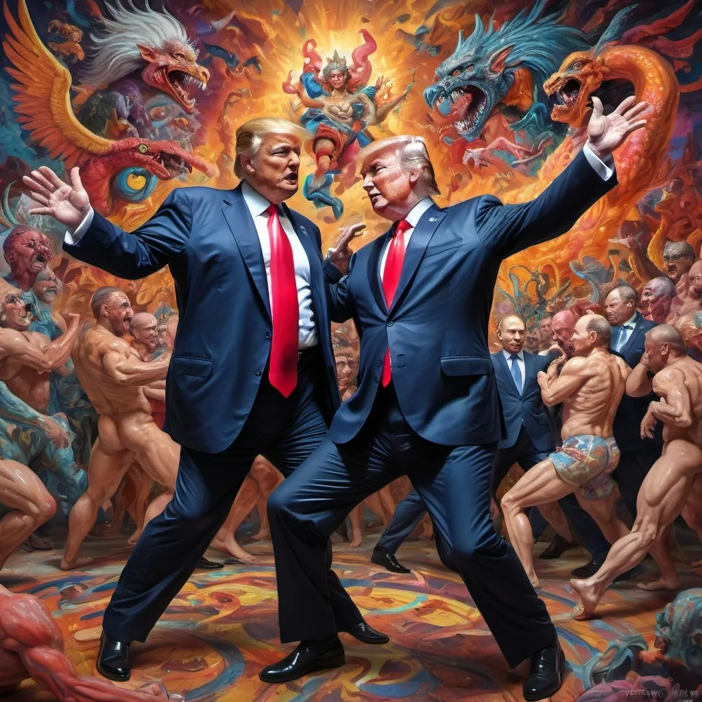 Prompt: Trump and Putin dance with choas gods (inspired by Robert Williams's art style). Dynamic.