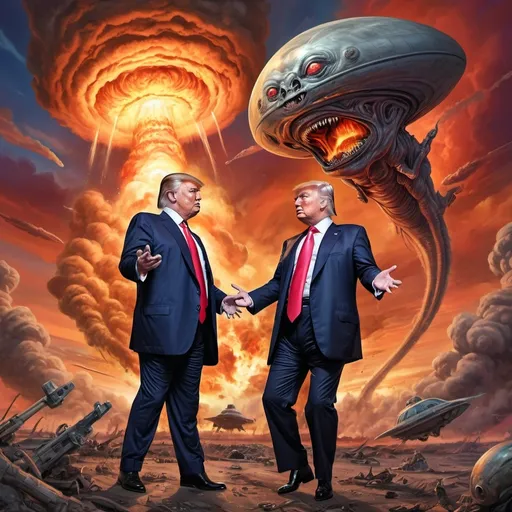 Prompt: Donald Trump and Putin cause alien 
apocalypse (inspired by Robert Williams's art style)