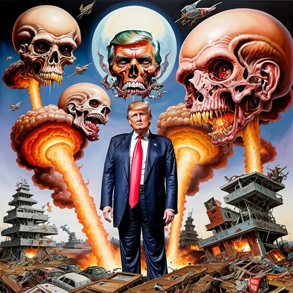 Prompt: Donald Trump causing the apocalypse  (inspired by Robert Williams's art style)
