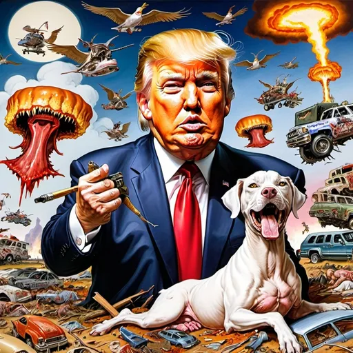 Prompt: Donald Trump causing the white trash apocalypse  (inspired by Robert Williams's art style)
