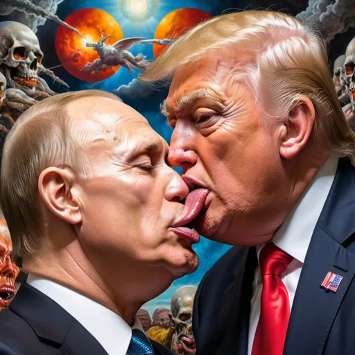 Prompt: Donald Trump and Putin tongue kissing with Christian apocalypse (inspired by Robert Williams's art style)