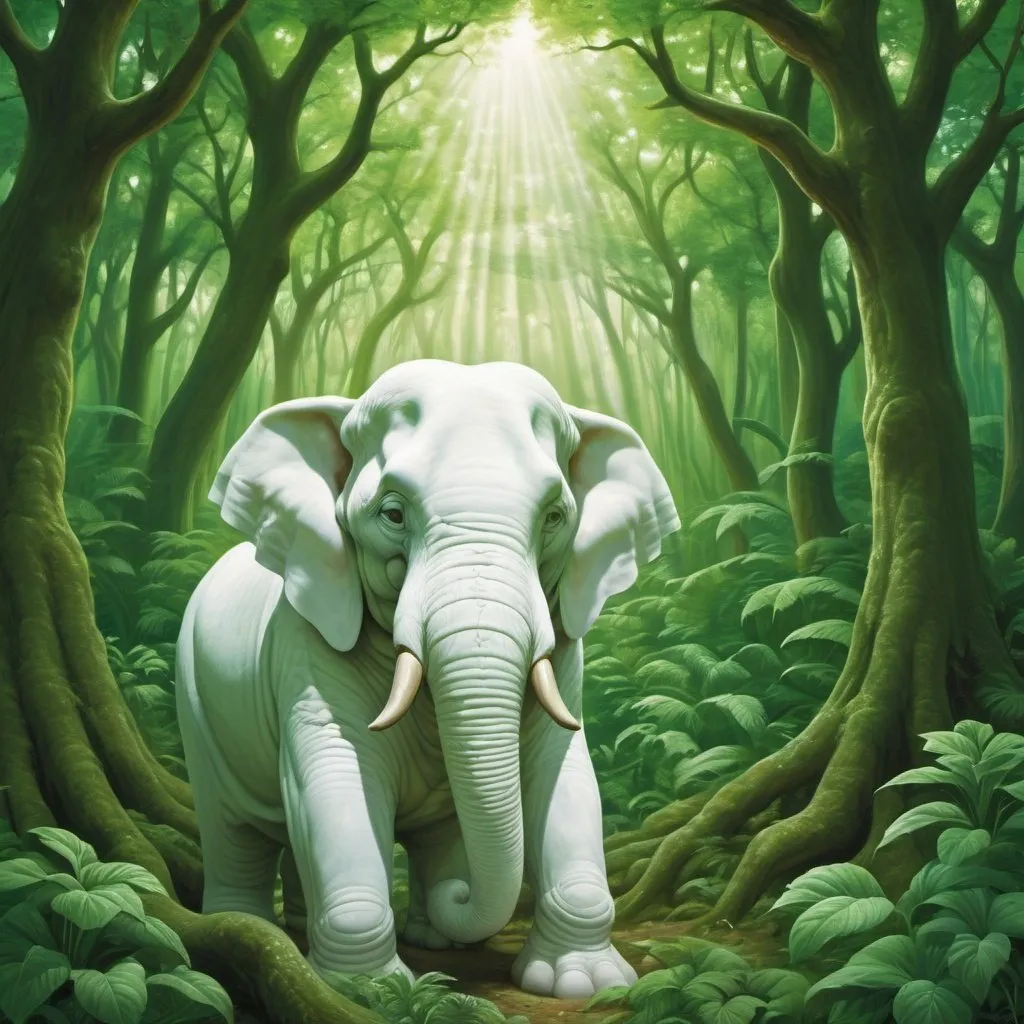 Prompt: Mahavir Birth Dream Real White Elephant in a dense green forest in India Art

