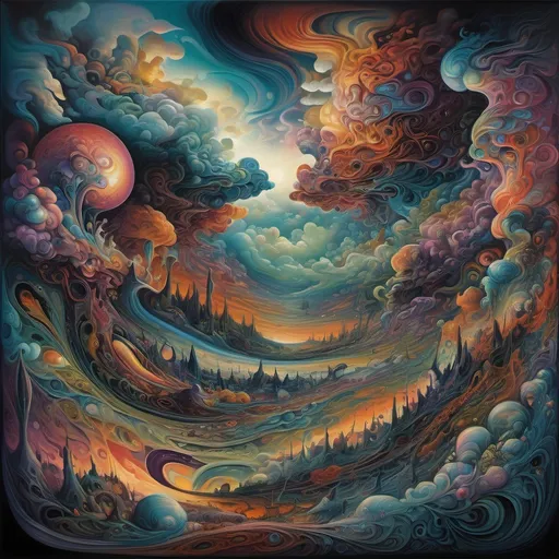 Prompt: Surrealistic depiction of psychosis, (intricate details), dreamlike landscape, distorted reality, bizarre shapes and forms, cool tones with hints of unsettling colors, (evocative emotions), abstract figures emerging from shadows, wispy clouds blending into vivid colors, swirling patterns creating unease, nightmarish ambiance, high depth, ultra-detailed, (captivating atmosphere).