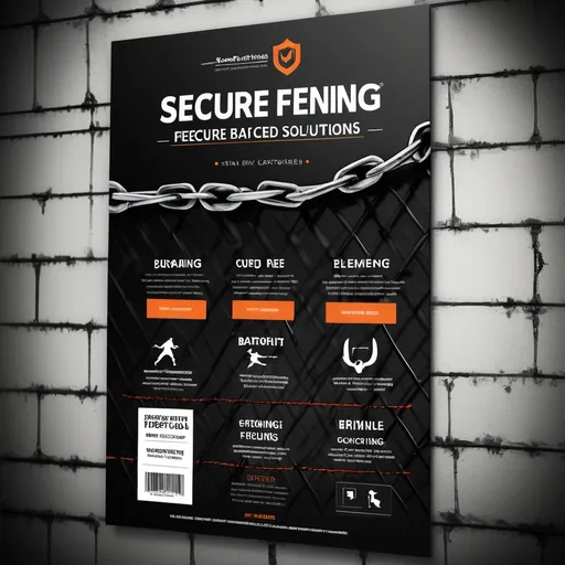 Prompt: Create a product poster, "Secure Fencing," showcasing premium quality barbed wire and fencing solutions, sleek design, bold typography, modern branding, vibrant colors for a striking visual impact, high-quality images, elegant layout, appealing to those seeking reliable fencing options, professional and eye-catching, ultra-detailed, perfectly aligned for marketing effectiveness.