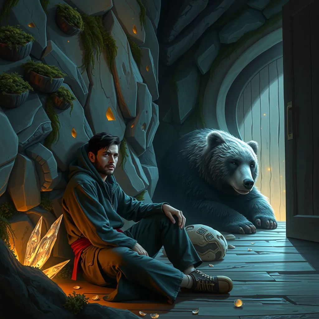 Prompt: League of legends style, detailed digital painting of a man, 25 years old, sitting against the wall of a bear's large and fantastical den, while the bear sleeps soundly to the side. The den interior is richly decorated with fantastical elements like glowing crystals, moss-covered rocks, and warm ambient lighting. The man sitting on the ground against the wall on the left, then on the right is wooden door close to the bear, his expression tense. The scene is cinematic, with dramatic lighting and a high-resolution, sharp focus on both characters and environment