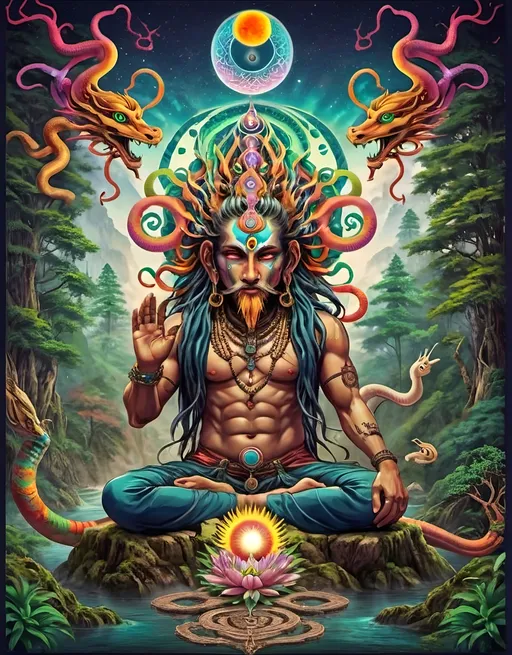 Prompt: Imagine a psychedelic anime art in biomechanical cyberpunk art theme with geometric balanced on both the sides , moreover imagine a Naga sadhu in centre with forest elements and kundalini snakes also add sun ,moon, waves, frequencies, trishul,om, and many other spiritual mythological elements in art , create a masterpiece with great details and great story 