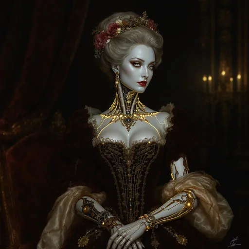 Prompt: A hyper-realistic portrait of a baroque android model in a grand, dimly lit ballroom. Her face is flawless porcelain, with delicate gold filigree circuitry visible beneath the skin. She wears a lavish gown combining heavy velvet fabric with glowing fiber optic threads. One of her arms is exposed, revealing intricate mechanical clockwork gears. The atmosphere is melancholic and opulent, a Rembrandt-inspired chiaroscuro lighting. Masterpiece, 8K, cinematic, insanely detailed, fine art.