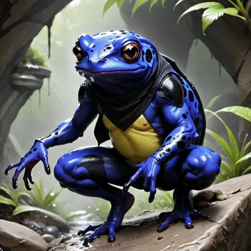 Prompt: Aiden poison frog if it was a rogue in D&D making more famous  make it more human  make him look like more Greninja and give him clothes and it's spitting poison