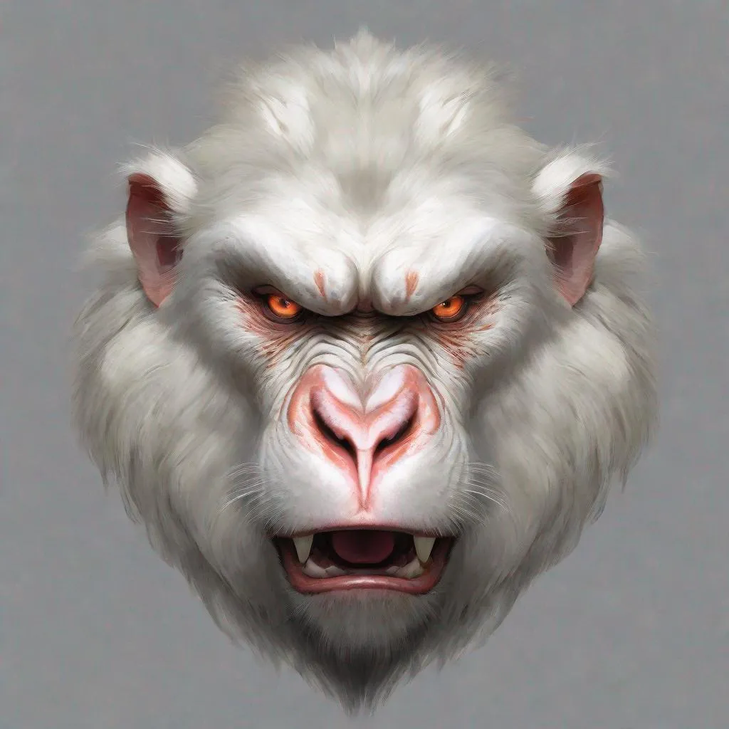 Prompt: Male, concept art, portrait, one enormous white macaque, extremely large and bulky body proportions, muscular, rough fur, scarred, standing on all four, intensely wild and glowing eyes, screaming at camera, mouth wide open to its furthest extent, spit and saliva coming from its mouth, showing extremely large and sharp teeth, no tail, blank background