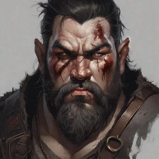 Prompt: Concept art, male fantasy dwarf, portrait, black hair, large and thick nose, plump face, large scars and wounds on his face, bloody, wearing leather clothes, blank background