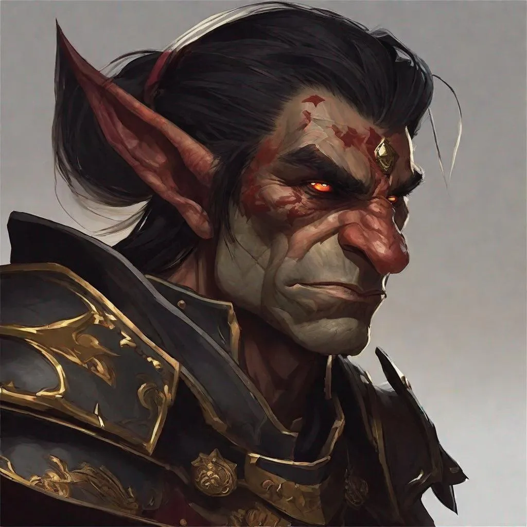 Prompt: male, portrait, goblin general, severely ugly, his skin is dark red, long and black hair, mean expression, head tilted downwards, big nose, amber eyes, wearing black armor