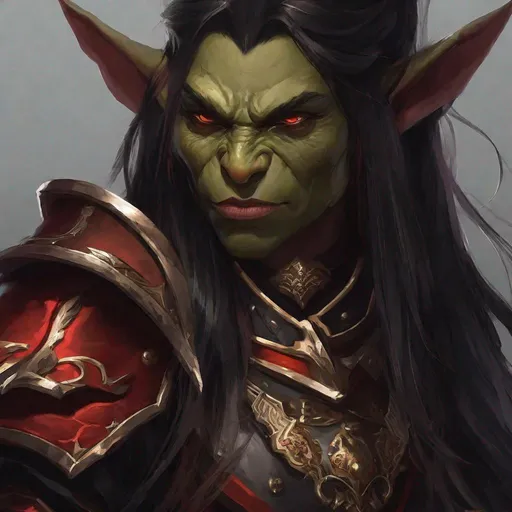 Prompt: female, portrait, goblin general, severely ugly, his skin is dark red, long and black hair, mean expression, head tilted downwards, big nose, amber eyes, wearing black armor