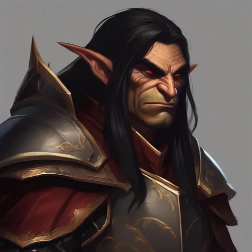 Prompt: male, portrait, goblin general, severely ugly, his skin is dark red, long and black hair, mean expression, head tilted downwards, big nose, amber eyes, wearing black armor