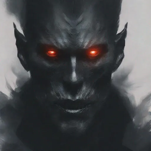 Prompt: Concept art, male, portrait, close-up, ghostly humanoid figure made enitrely of black smoke, wraith, ugly, dimly glowing red eyes, staring directly into viewer, showing teeth, not smiling, blank background
