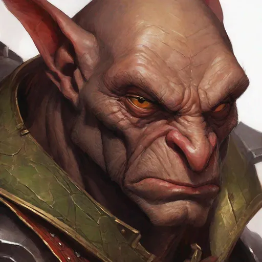 Prompt: male, portrait, goblin, severely ugly, his skin is dark red, bald, mean expression, head tilted downwards, big nose, amber eyes, wearing padded armor