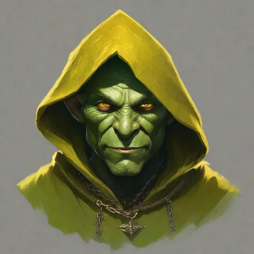 Prompt: Concept art, male, portrait, goblin, green skin, ugly, bald, head tilted downwards, eyes staring into viewer, very creepy smile, smiling from ear to ear, sharp teeth, huge witch-like nose pointing downwards, nose stretches over mouth, yellow eyes, wearing hood made of chainmail, ears sticking out from chainmail,