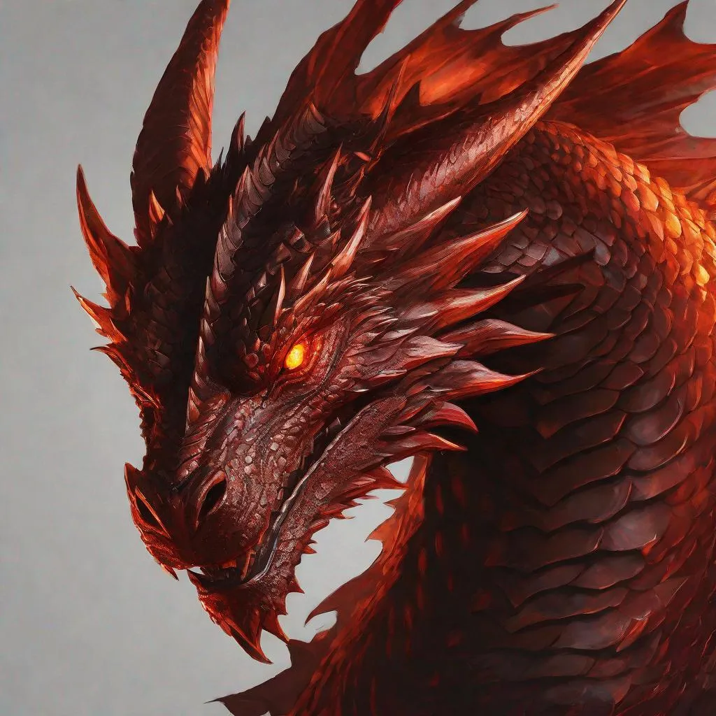 Prompt: Concept art, portrait, male, one red dragon, clear amber eyes, looking directly into viewer, menacing look, highly detailed, HD, best quality, blank background