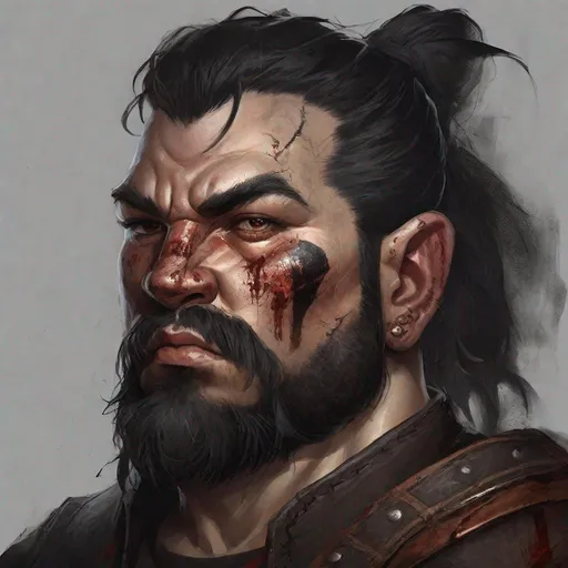 Prompt: Concept art, male fantasy dwarf, portrait, black hair, large and thick nose, plump face, large scars and wounds on his face, bloody, wearing leather clothes, blank background