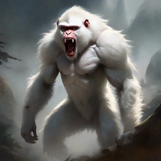 Prompt: Male, concept art, full body painting, entire body in image, one enormous white macaque, extremelt large and bulky muscles, rough fur, scarred, standing on all four, intensely wild and glowing eyes, screaming at camera, mouth wide open to its furthest extent, spit and saliva coming from its mouth, showing extremely large and sharp teeth, no tail, blank background