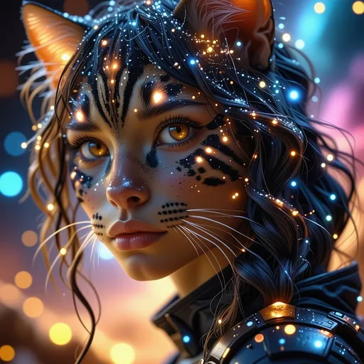 Prompt: (Ultra-detailed) creature from space, (wonderful) feline face, (beautiful) young woman features, (ethereal) glowing eyes, (mystical) color palettes with shimmering hues, fur and hairs, (imaginative) swirling galaxies in the background, soothing yet (vibrant) atmosphere, intricate textures, (high quality) HD, magical ambiance.