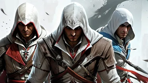 Prompt: (ALTAIE, EZIO, E CONNOR da saga Assassins Creed, side by side), dynamic action pose, holding weapons with confidence, vibrant colors showcasing their unique outfits, (heroic expressions), detailed character designs, (highly detailed backgrounds of iconic Assassin Creed 