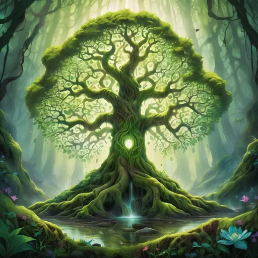 Prompt: psychedelic illustration, dramatic lighting, Imagine a majestic tree of life covered in lush green moss, standing tall and strong. The tree's branches reach out in all directions, symbolizing life and growth. The moss covering the tree gives it a serene and peaceful appearance, creating a tranquil and meditative atmosphere. The combination of the tree of life and the moss represents the interconnectedness of all living things and the importance of grounding oneself in nature for inner peace and reflection.