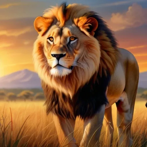 Prompt: Brave and powerful realistic lion, sunny African savanna, high quality, realistic, warm tones, detailed mane, intense gaze, majestic, wildlife art, detailed grass, vibrant colors, realistic lighting, at sunset.