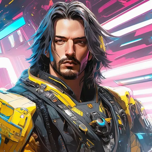 Prompt: a man, Johnny Silverhand from Cyberpunk 2077, portrait, clear face, wearing Future Pilot Suit, draw in Anime illustration, inside a mech, piloting, combat, detailed masterpiece, rich color